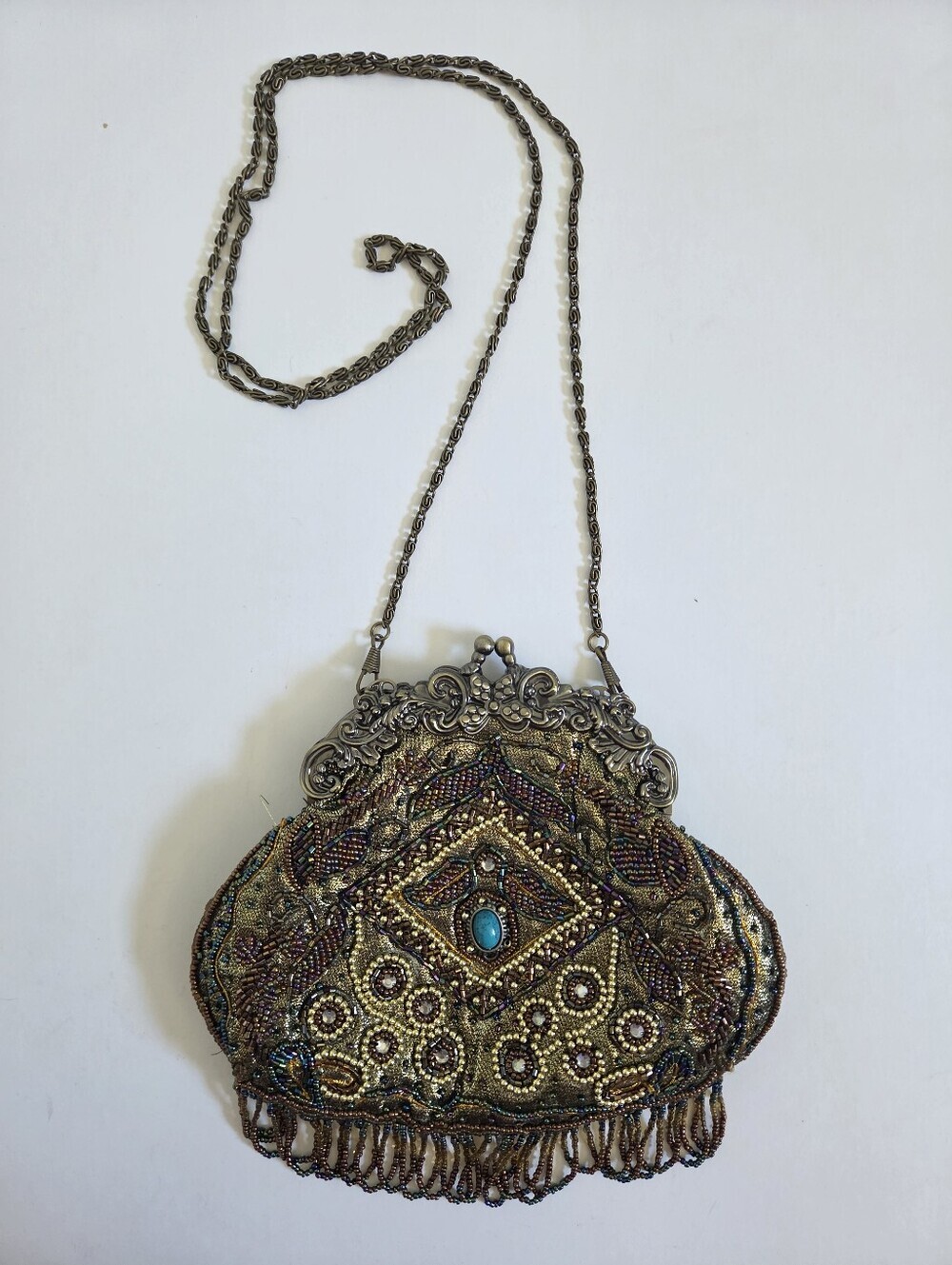 Vintage inspired victorian era evening purse  beading metal chain Like New!